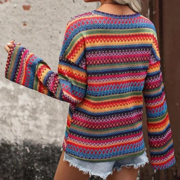 Rainbow striped bell sleeve knit striped boho long sleeve top orange blue pink - Picture 3 of 7